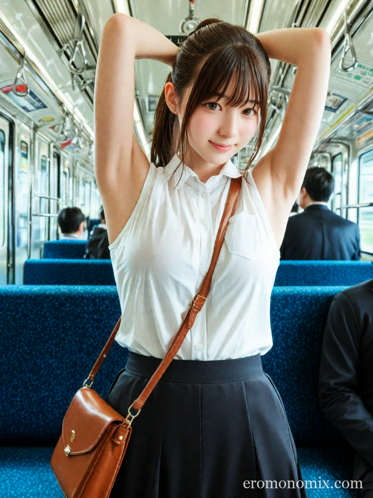 電車内の夏服の女性